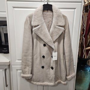 THEORY Double-Breasted Lamb Leather Shearling Coat